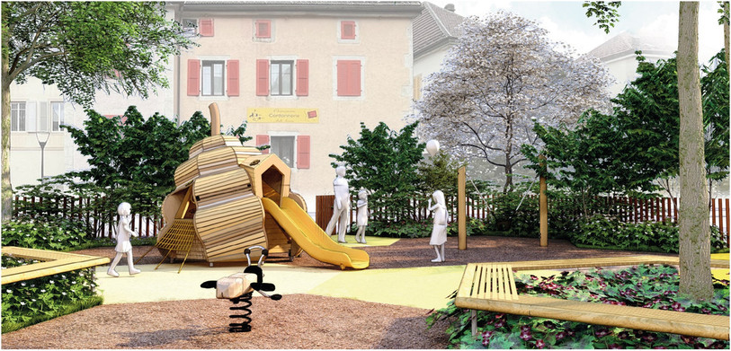 La « ruche » visant à stimuler l'imagination des plus jeunes au coeur de la future place des Lilas. (Photo : Realsport)