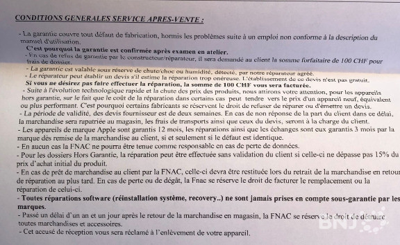 Les conditions du SAV de la Fnac. 