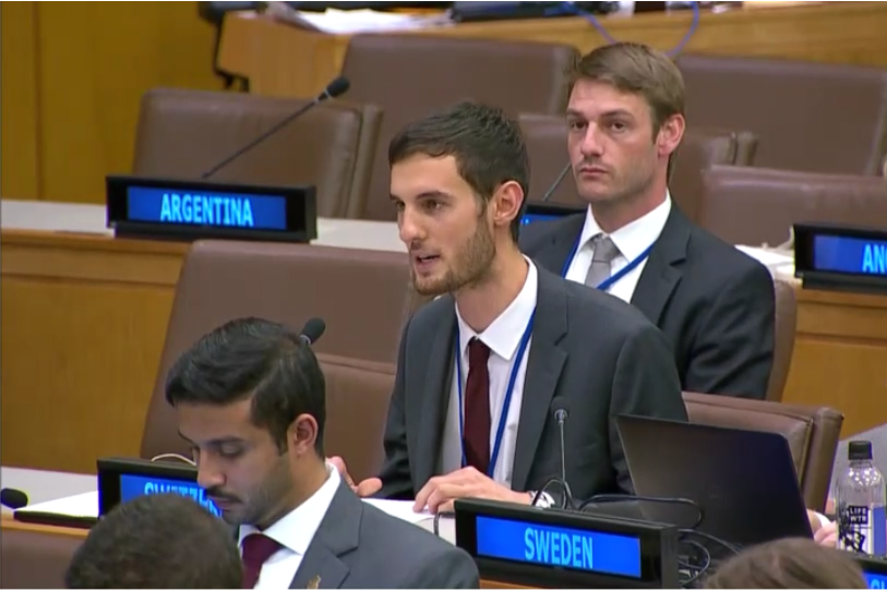 Tristan Robert lors de son discours à l'ONU.