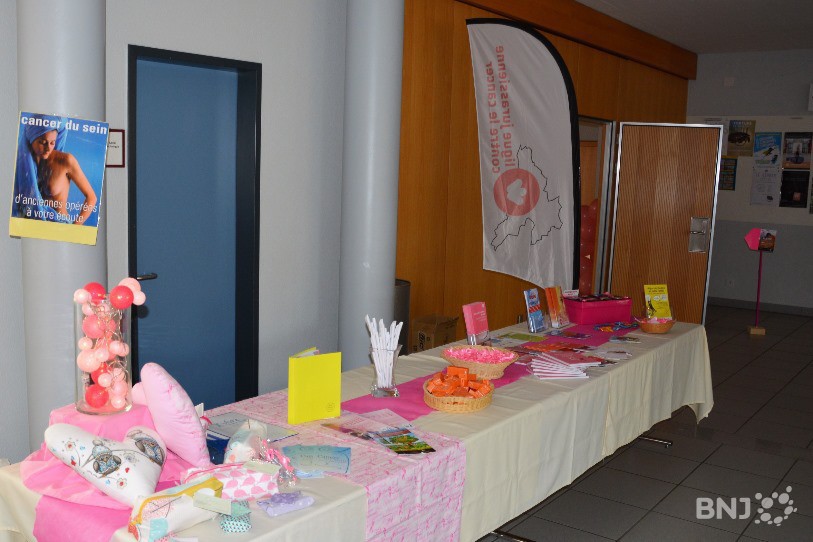 L'entrée de la conférence, aux couleurs d'Octobre Rose