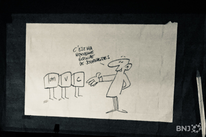 Un dessin du dessinateur de presse Sjöstedt, réalisé en direct lors d'un débat dans le cadre de l'exposition de Vigousse. 