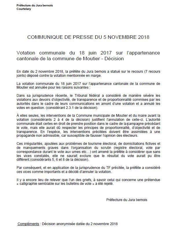 La Préfecture du Jura bernois a transmis un communiqué de presse lundi matin.