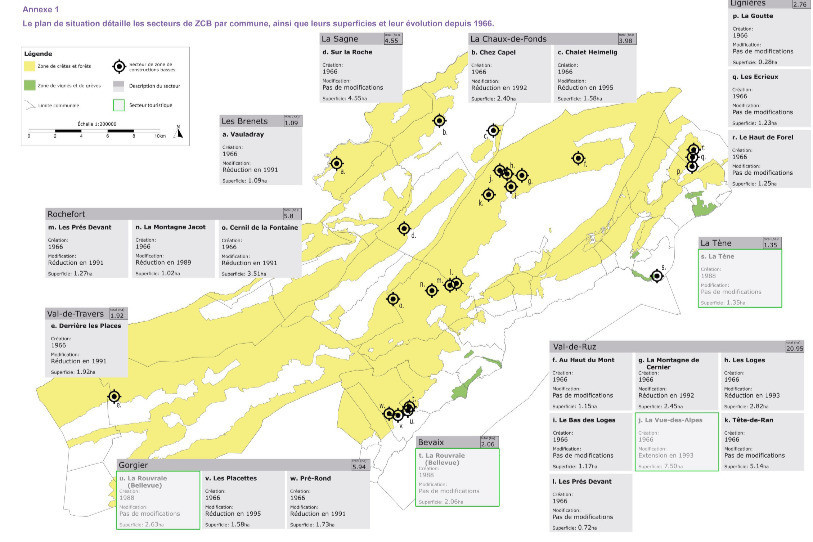 Le plan de situation des secteurs de zones de constructions basses des communes neuchâteloises. Photo : SP