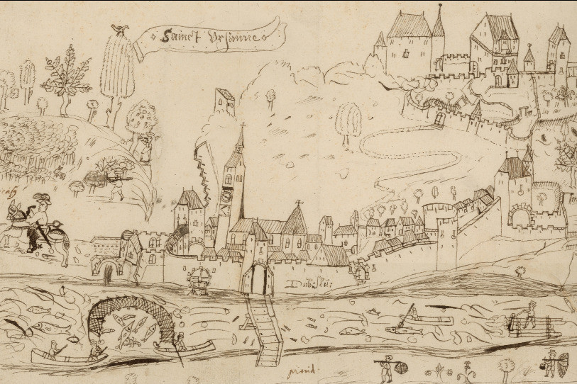 Un dessin de Saint-Ursanne en 1580. On y remarque de nombreux poissons dans la rivière