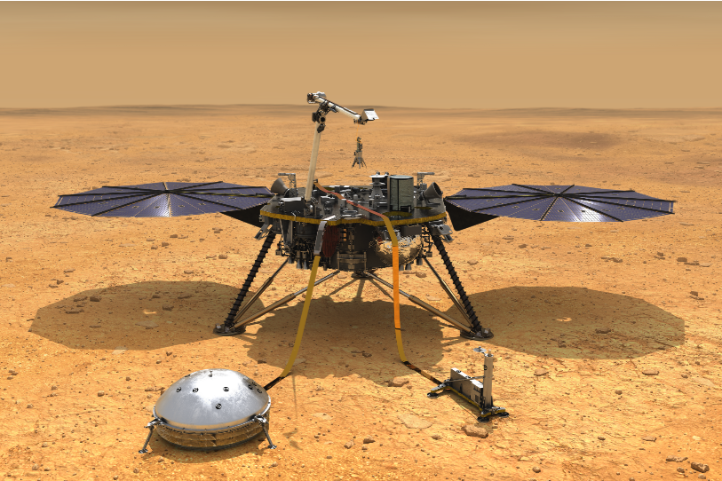 InSight s'est bien posée sur la planète rouge, avec son attirail de technologies de pointe. (Crédit : NASA/JPL-Caltech)
