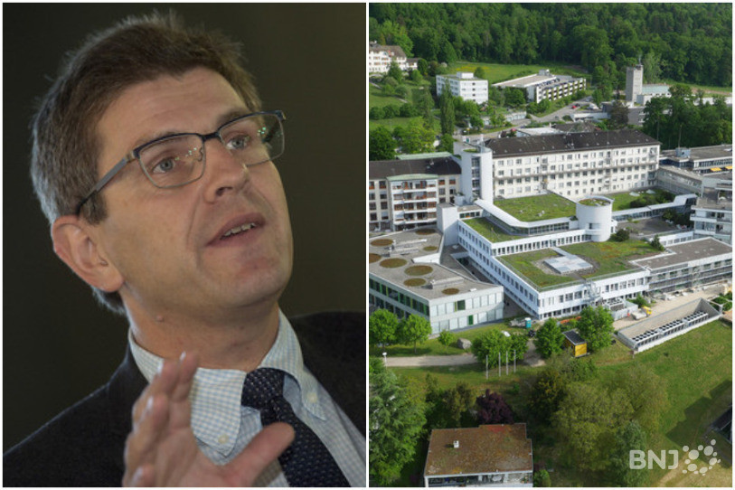 Erich Fehr (photo: Keystone) et le site actuel du Centre hospitalier de Bienne (Photo: CHB)