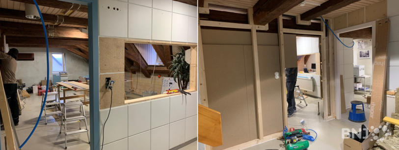 finitions des menuisiers: on installe une nouvelle paroi avec porte et de l'autre côté ou fait une ouverture pour une vitre