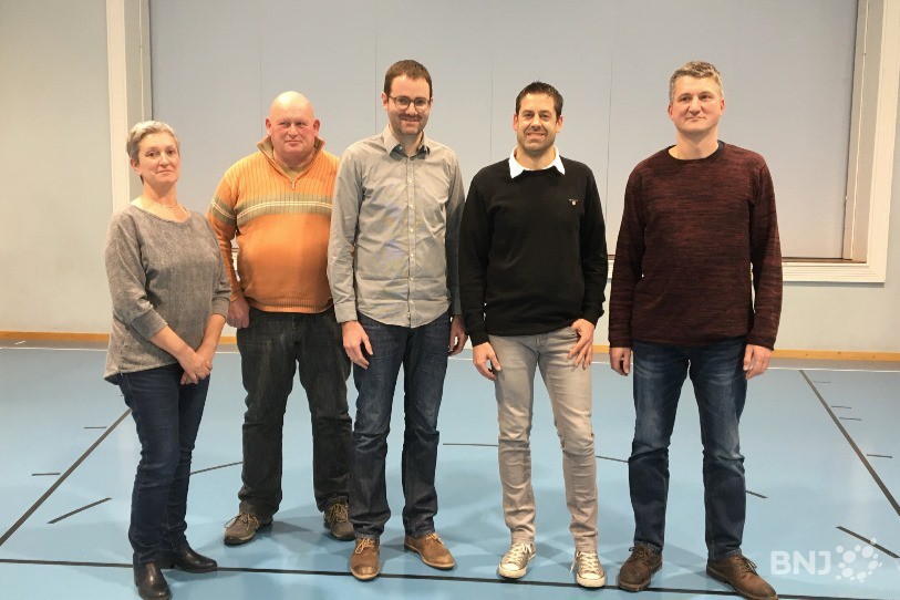 Le nouveau bureau du Conseil général pour 2019 avec de gauche à droite : Catherine Wolff (scrutatrice), Alain Ryser (scrutateur), Michel Darbellay (président), Martial Chételat (1er vice-président) et Boris Charmillot (2ème vice-président).