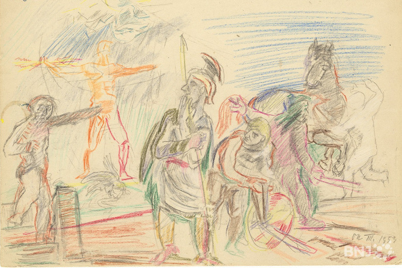 Oskar Kokoschka, « L’indécis », dessin préparatoire pour le triptyque « Les Thermopyles », 1953, crayon graphite et crayons de couleur sur Papier, 27.3 × 37.8 cm, Kunsthalle d’Hambourg. © Fondation Oskar Kokoschka, Vevey / 2018, ProLitteris.