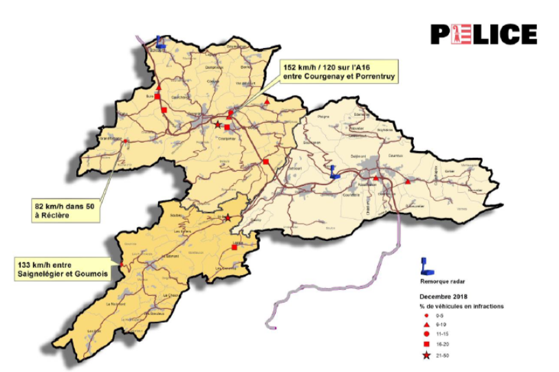 La carte des contrôles routiers en décembre 2018. (Photo : police cantonale jurassienne)