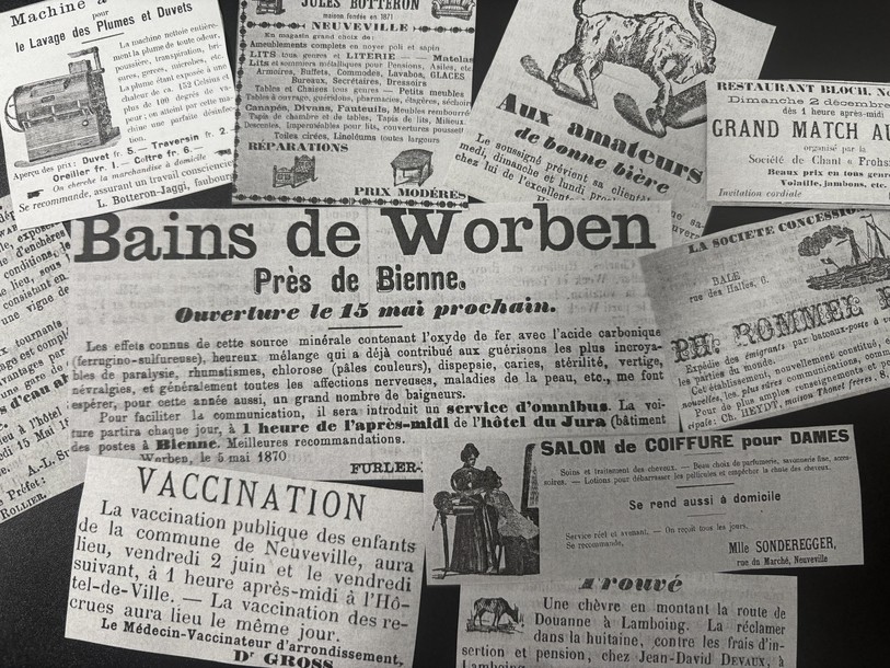 Publier une publicité dans un journal était le meilleur moyen d’être vu et connu à la fin du 19e siècle. Crédit photo : Musée d’Art et d’Histoire de La Neuveville. 