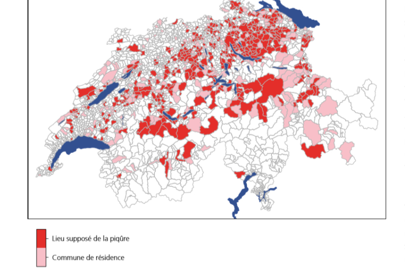 Les zones à risques de 2008 à 2018, selon l'Office fédéral de la santé publique
