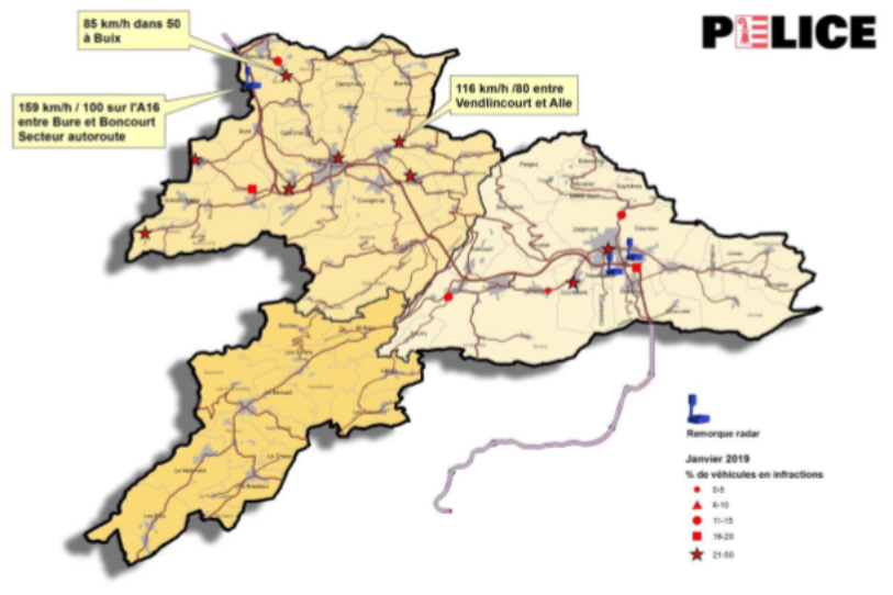 La carte des contrôles routiers en janvier 2019. (Photo : police cantonale jurassienne)