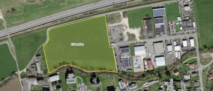 En jaune, l'extension de l'espace industriel à Bassecourt concerné par le crédit accepté. (Photo : Commune de Haute-Sorne).