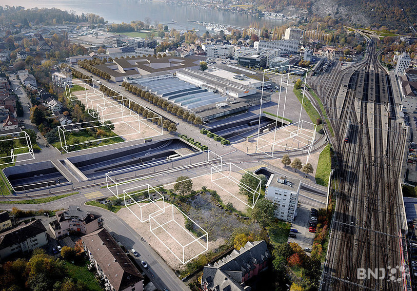 Visualisation de la jonction située à proximité de la gare, selon le projet officiel. Visualisation: www.a5-biel-bienne.ch