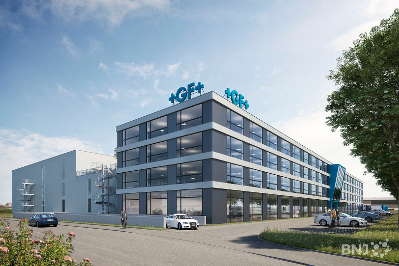 Visualisation de l'aspect extérieur du nouveau bâtiment que Georg Fischer construit à Bienne, aux Champs-de-Boujean (Photo: Losinger Marazzi AG/Frey Architekten AG)