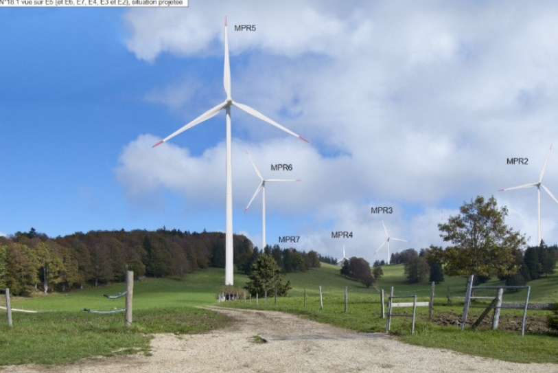 Voici une partie du projet du parc éolien Montoz-Pré Richard en photomontage. (Image: ESB)