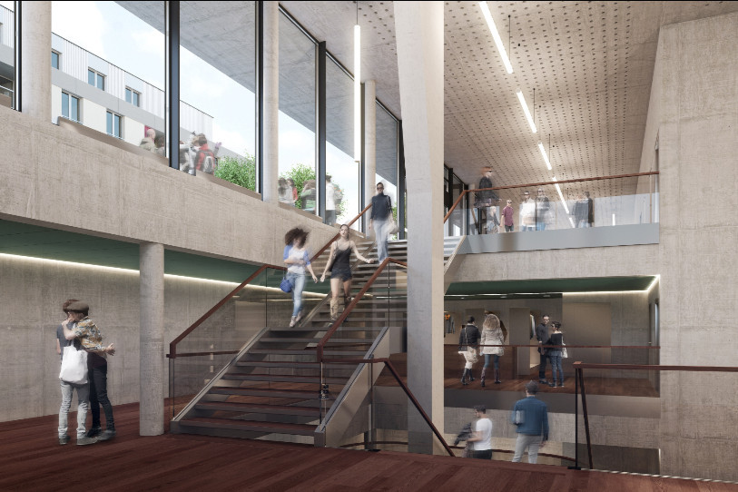 Vue intérieure du Théâtre du Jura, depuis le rez moyen. Image: Fondation pour le Théâtre du Jura