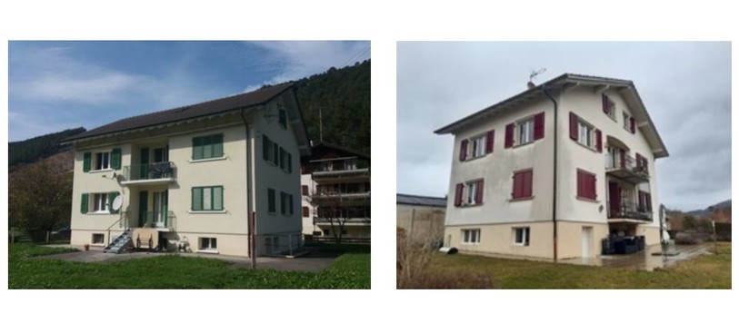 Les immeubles locatifs situés à Corban (à g.) et à Vermes n'ont pas trouvé preneur au prix espéré. (Photo: Val Terbi)
