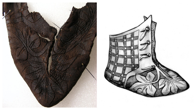 A gauche, le fragment de bottine retrouvé à St-Ursanne. A droite, sa reconstitution. (images : Canton du Jura)