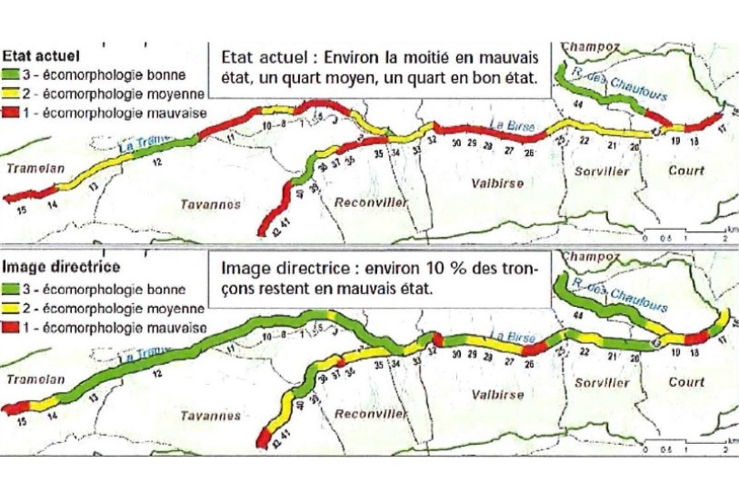 Le schéma montre les tronçons de la Birse en bon, moyen ou mauvais état. (Photo: Office des ponts et chaussées du canton de Berne)