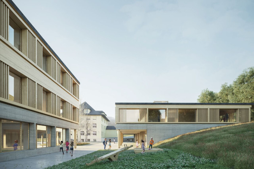 Le nouveau visage de l'école de Gstaad dessiné par les architectes delémontains. (photo : Comamala Ismail Architectes)