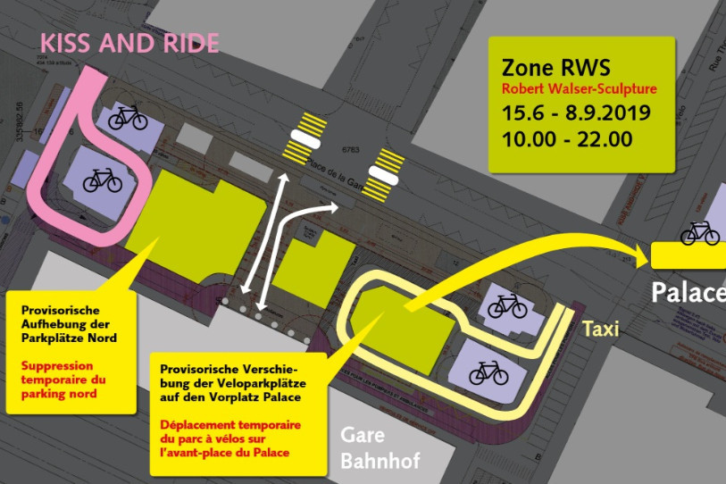 Les travaux d'aménagement de l'événement sur la place de la Gare de Bienne commenceront lundi prochain, l'espace public s'en trouvera transformé. (Photo: Ville de Bienne)