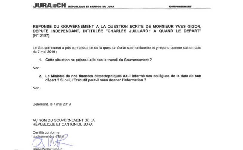La réponse du Gouvernement jurassien à la question écrite de l'élu Yves Gigon.