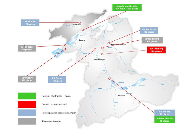 Le schéma présente la planification imaginée dans le plan directeur pour les prisons et les établissements pénitentiaires du canton de Berne. (Photo: canton de Berne)