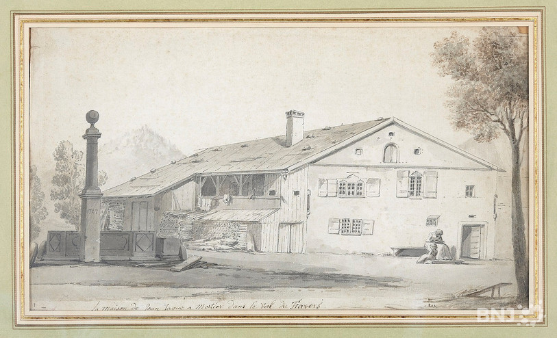 Pour Roland Kaehr, conservateur du Musée Rousseau à Môtiers, ce lavis de S. H. Grimm représentant la maison Boy de la Tour, occupée par Jean-Jacques Rousseau au XVIIIe siècle, semble être la représentation la plus authentique de la bâtisse. (Photo : Guillaume Trouvé, Paris)