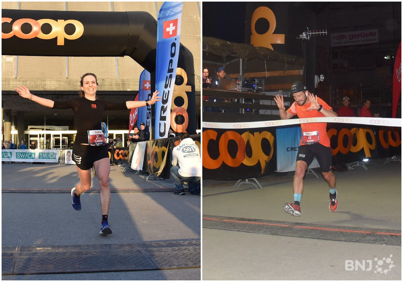Claudia Bernasconi et Florian Vieux ont passé la ligne d'arrivée des 100 km de Bienne en premier samedi matin devant le Palais des Congrès.
