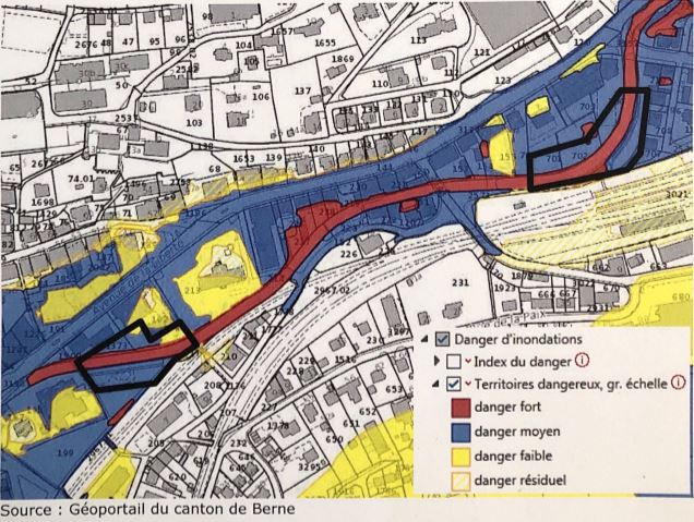 Certaines zones autour de la Birse de Moutier présentent un danger de crue.