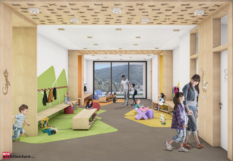 Le bâtiment regroupera l'école enfantine, la crèche et l'école à journée continue. (photo: Arc Architecture)
