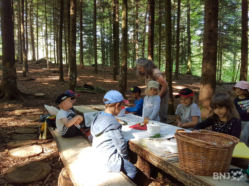Les enfants ont préparé un beurre aux herbes et de la tisane avec des fleurs cueillies en forêt pour leur goûter matinal.