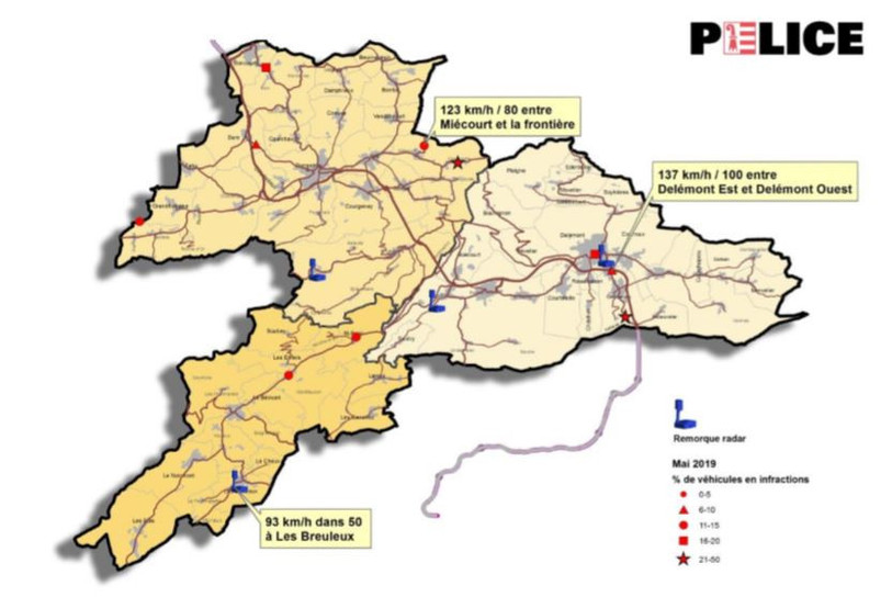 La carte des contrôles routiers en mai 2019. (Photo : police cantonale jurassienne)