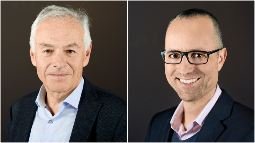 Denis Grisel (à gauche) passe le flambeau de la présidence à René Graf (à droite). (photos: Forum du bilinguisme)