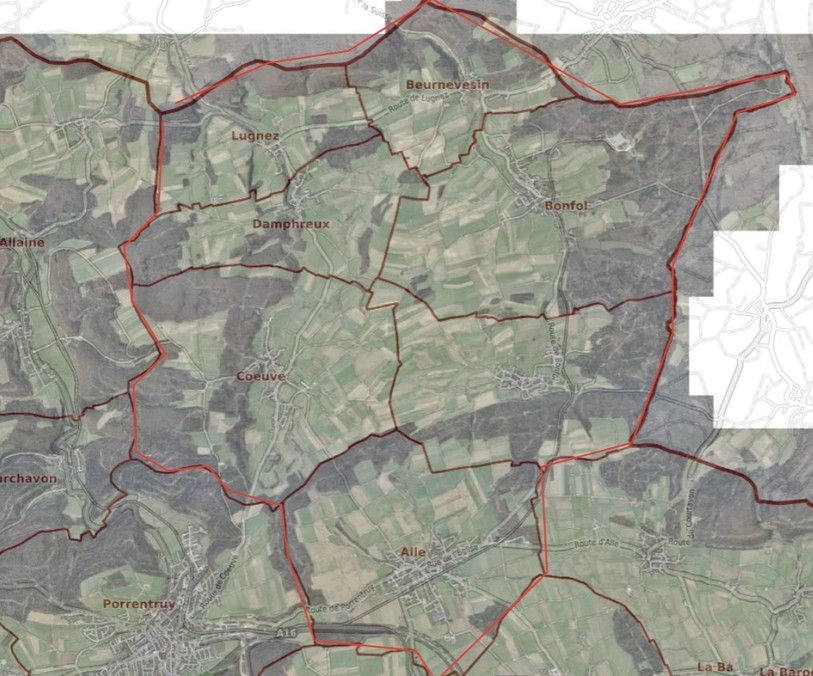 Sept communes sont invités à se mettre à table pour évoquer une possible fusion. Image: GéoPortail du canton du Jura