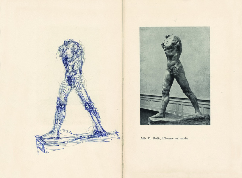 Alberto GIACOMETTI (1901 – 1966) : Copie d’après L’Homme qui marche de Rodin, début des années 1950. Stylo bille sur livre (C. Burckhardt, Rodin und das Plastische Problem, Bâle, 1921) 22,7 x 31 cm (livre ouvert) Fondation Giacometti, Paris.  