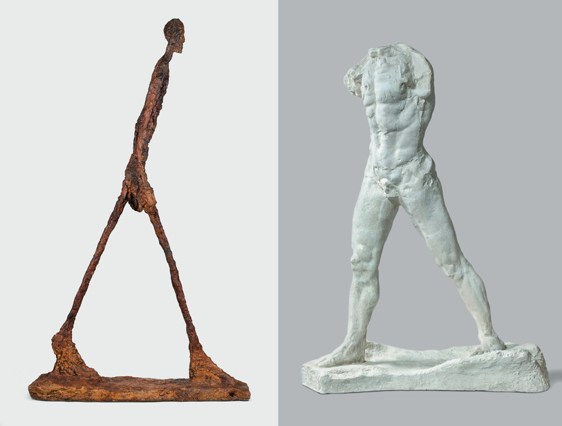 A gauche : Alberto GIACOMETTI (1901 – 1966), Homme qui marche II, 1960 Plâtre, 188,5 x 29,1 x 111,2 cm Fondation Giacometti, Paris. Photo : © Succession Giacometti, 2019, ProLitteris Zurich. A droite : Auguste RODIN (1840 – 1917), L’Homme qui marche, grand modèle, 1907 Plâtre, 219 x 160 x 73,5 cm Musée Rodin, Paris. Photo : © Musée Rodin –Hervé Lewandowski.