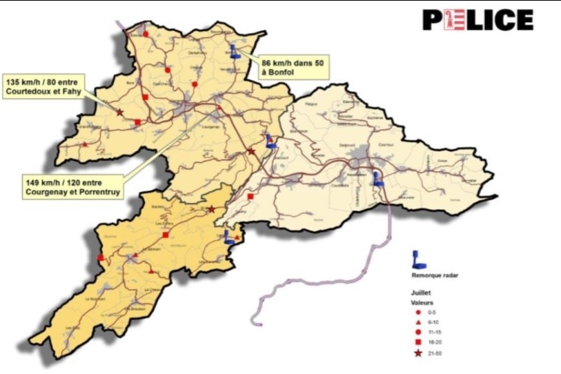 Contrôles de la police cantonale jurassienne au mois de juillet (Image : RCJU).