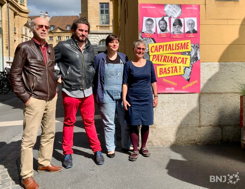 Dimitri Parate (deuxième depuis la gauche) avec José Sanchez, Marianne Ebel et Zoé Bachman lors de la campagne de SolidaritéS pour les élections fédérales de 2019.
