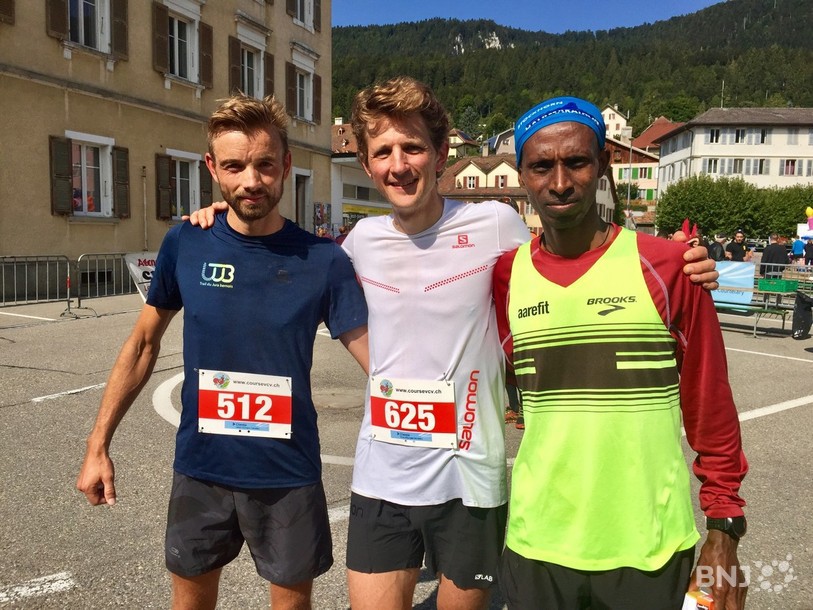 Le podium de cette édition 2019, avec le Neuchâtelois Marc Lauenstein au centre, l’Ethiopien Tefera Mekonen à droite et l’Imérien Demian Schaedler à gauche. 