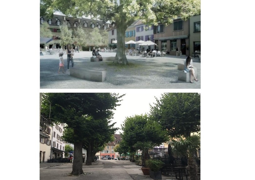 En haut, la Place Roland Béguelin du futur… et en bas, la place telle qu'elle est actuellement.