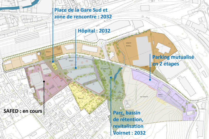 Gare sud : programmes à court et moyen terme. (Photo : Ville de Delémont.)