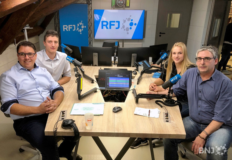 Les quatre candidats de l'UDC Jura ayant participé à l'émission « La parole aux partis » sur RFJ vendredi (de gauche à droite): John Moser, Kilian Kaufmann, Elodie Jobin et Yves Gigon.