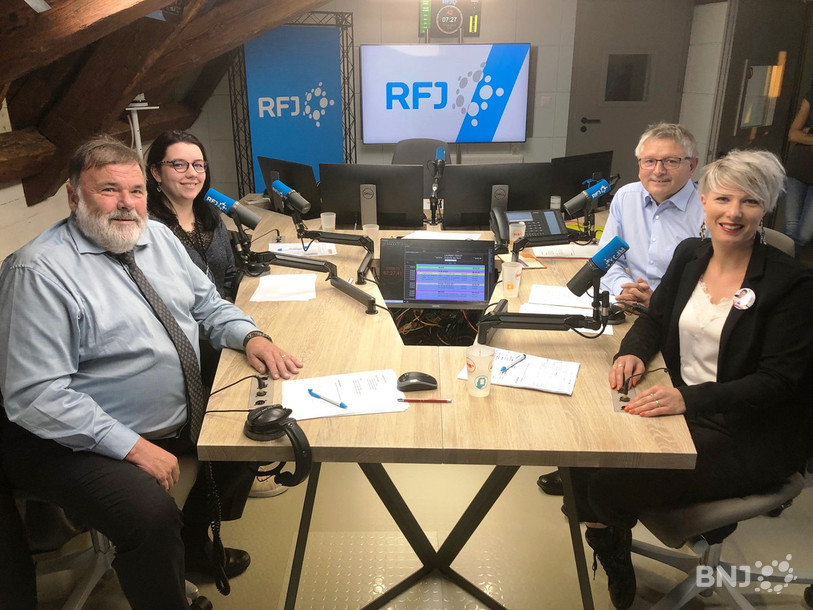 Les quatre candidats démocrates-chrétiens au micro de RFJ ce mardi (de gauche à droite) : Jean-Paul Gschwind, Jessica Wiser, Charles Juillard et Karine Génesta-Nagel.