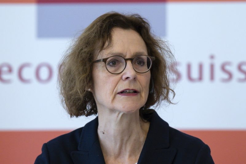 Monika Rühl lors de la conférence de presse annuelle d’economiesuisse le 4 février 2025 à Berne. (Photo : Keystone / Peter Schneider)