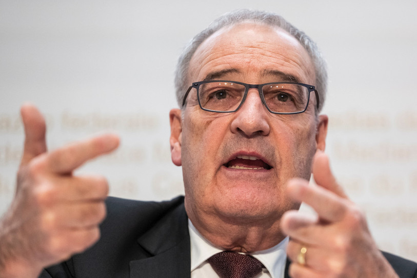 Le conseiller fédéral Guy Parmelin lors de la conférence de presse sur la réduction des droits de douane vendredi passé. (Photo : Keystone / Alessandro della Valle)