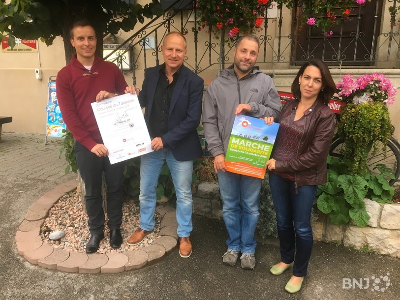 Xavier Monin (président du comité d'organisation), Laurent Gogniat (responsable communication), Laurent Beuchat (parrain de la manifestation) et Ludivine Mercier (présidente de la LJC).