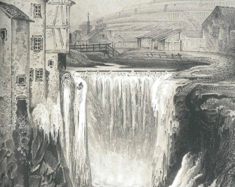 À l’actuel emplacement du bas du funiculaire Écluse-Plan, le Seyon chutait de 8 mètres. (Photo: Musée d'art et d'histoire de Neuchâtel, lithographie de Walter Welter, vers 1840)